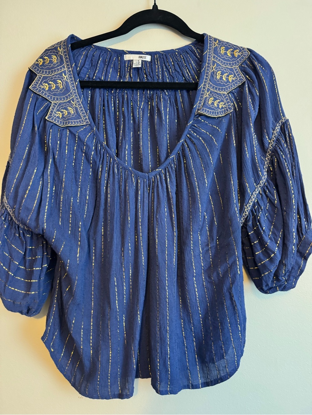 Amuse Society Blue Gold Metallic Stripe Embroidered Boho Blouse M